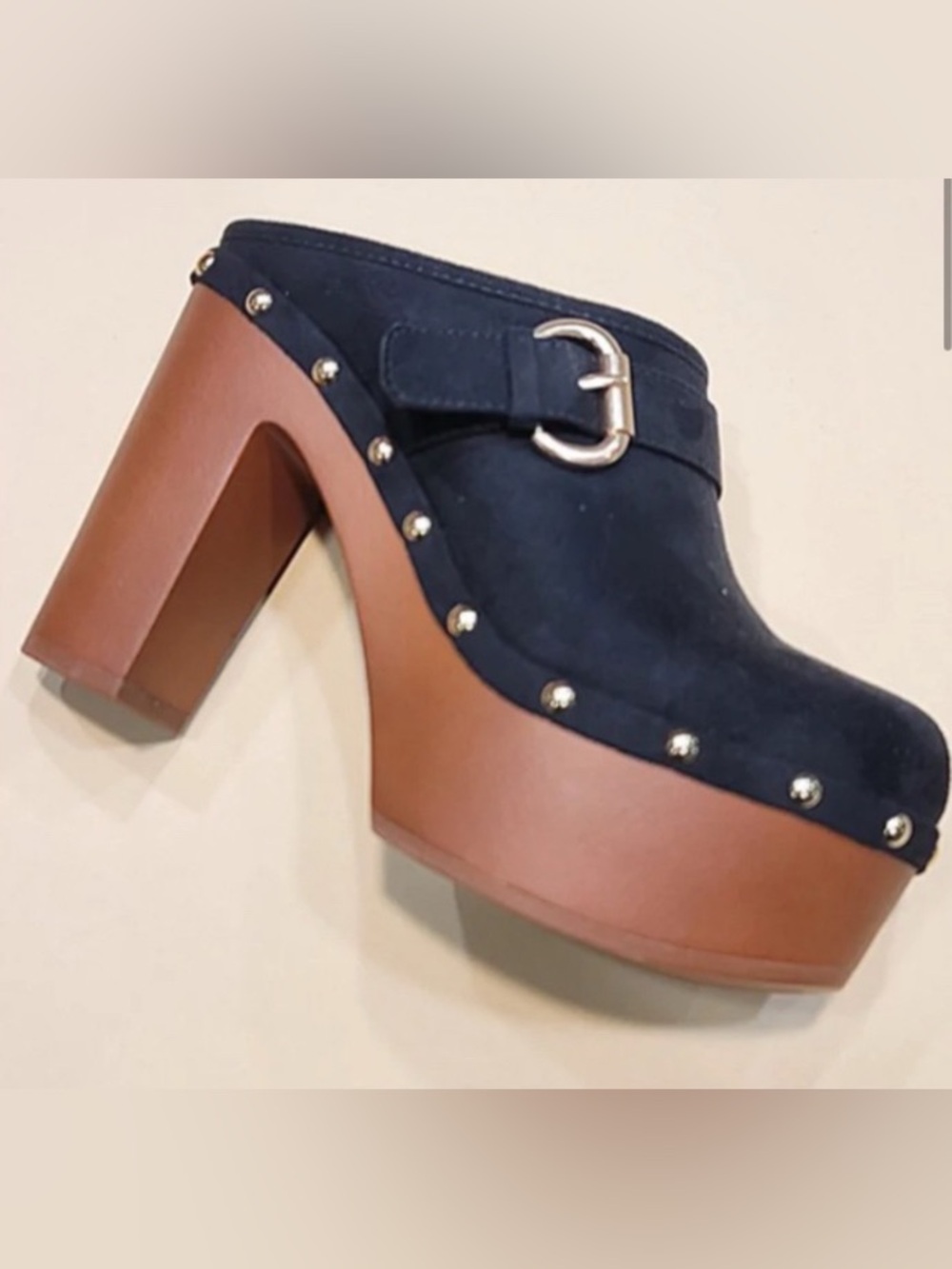Black Suede Studded High Heel Platform Clogs: Size 8